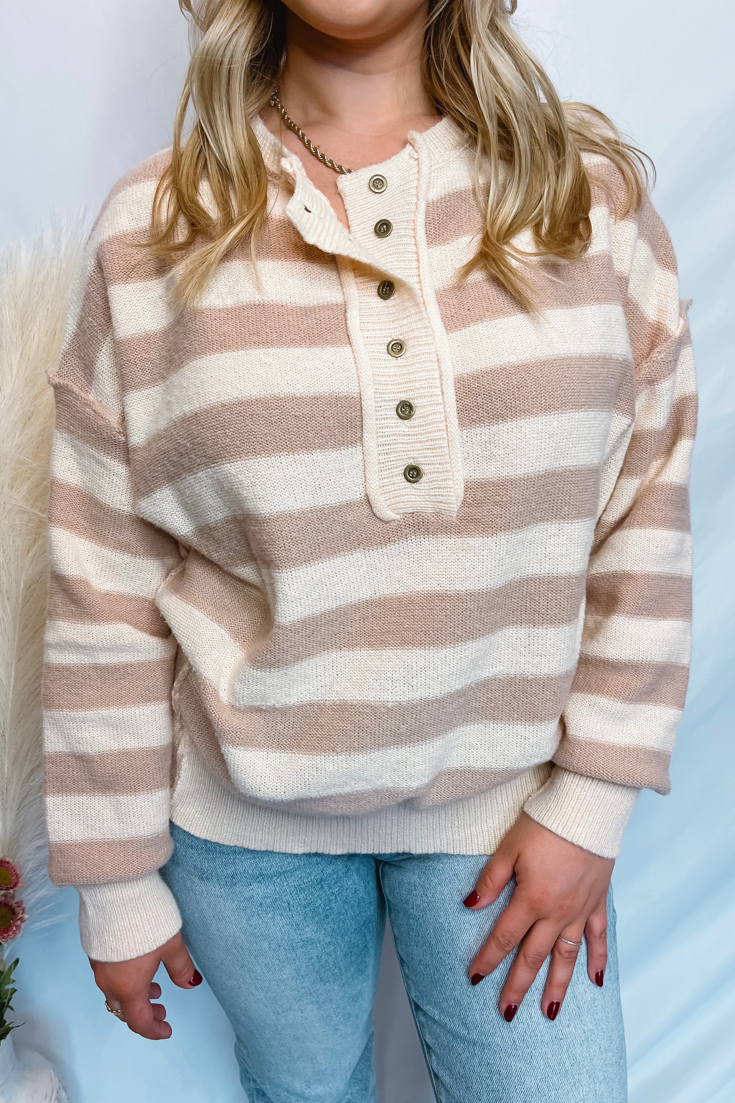 The Lover Striped Henley Sweater - Taupe