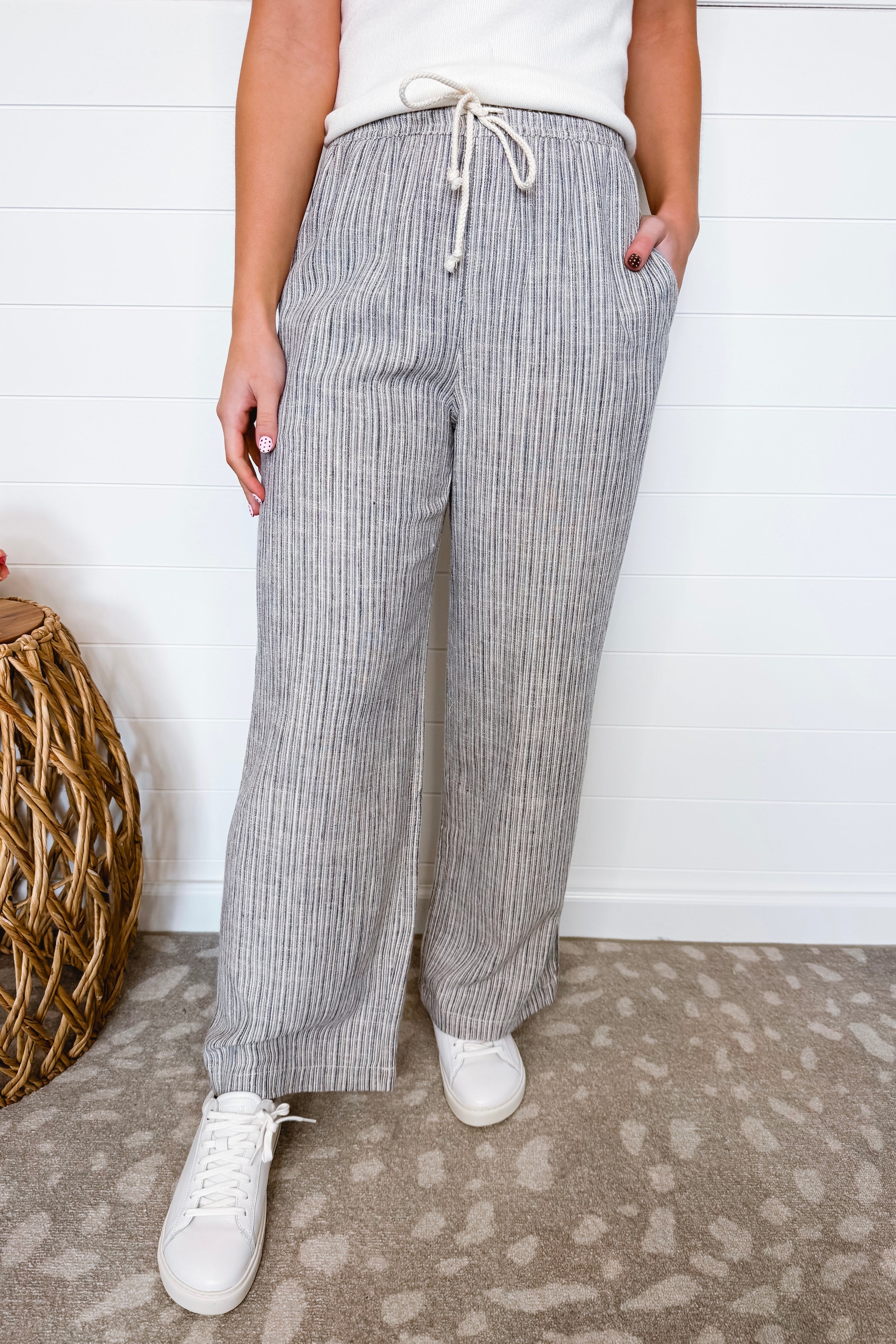 Seaside Strolling Wide Leg Linen Blend Striped Pants - Slate