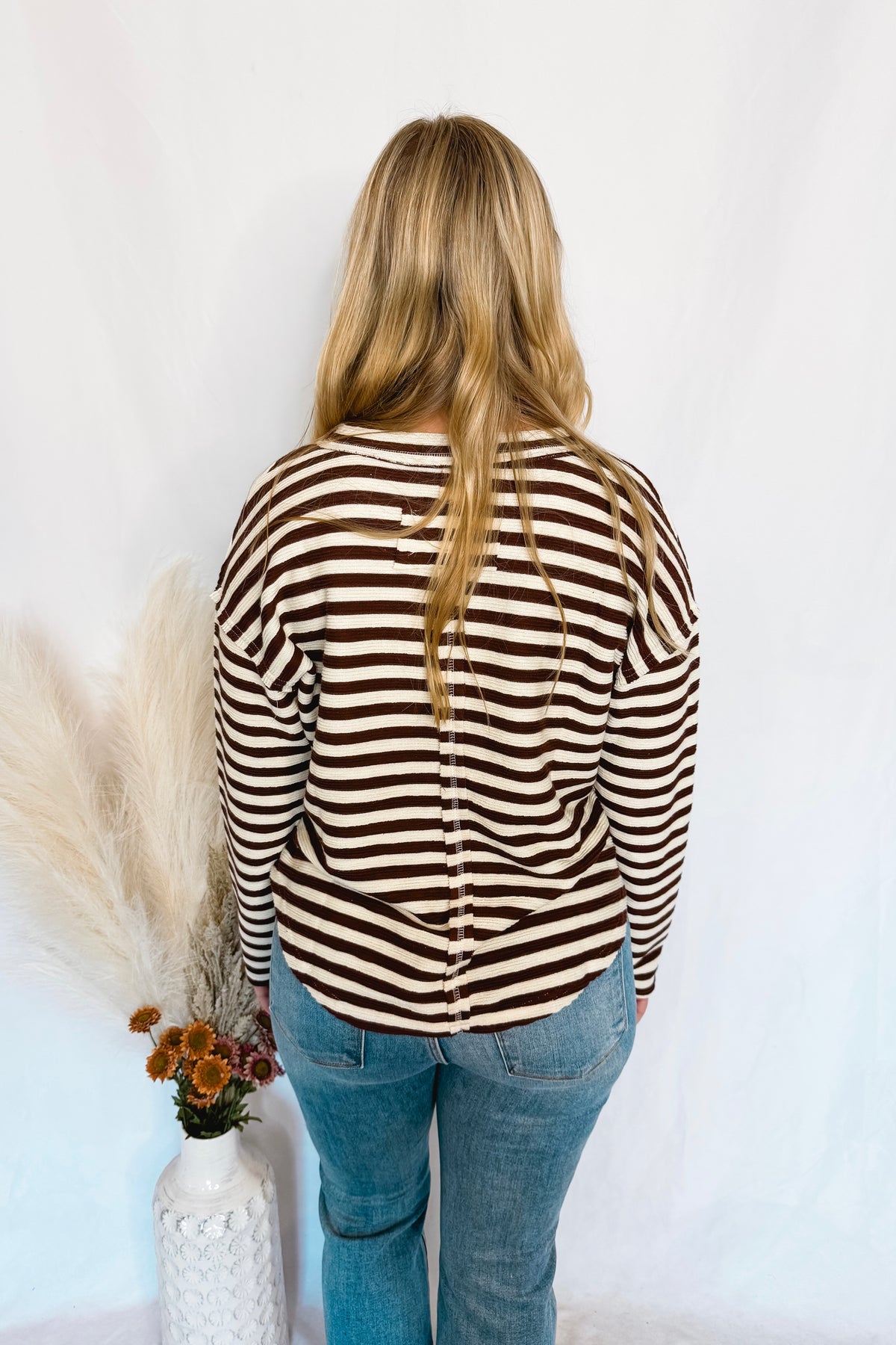 Crunching Leaves Striped Split Neck Top - Brown/Ivory