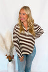 Crunching Leaves Striped Split Neck Top - Brown/Ivory