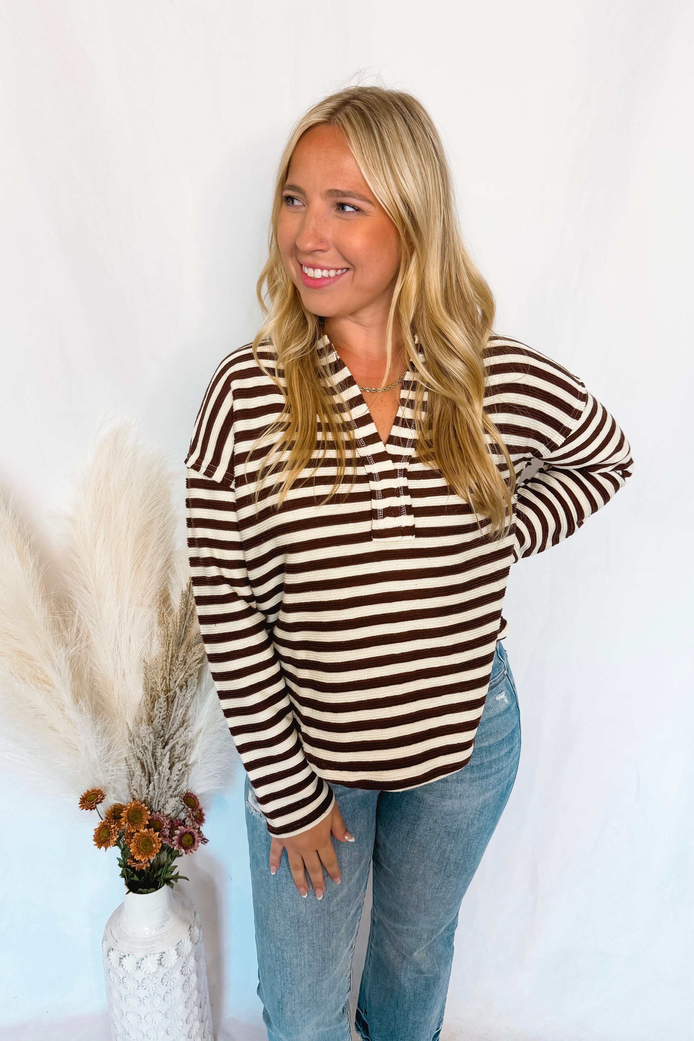 Crunching Leaves Striped Split Neck Top - Brown/Ivory