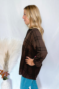 Playful Fun Plaid Peplum Button Down - Brown/Black