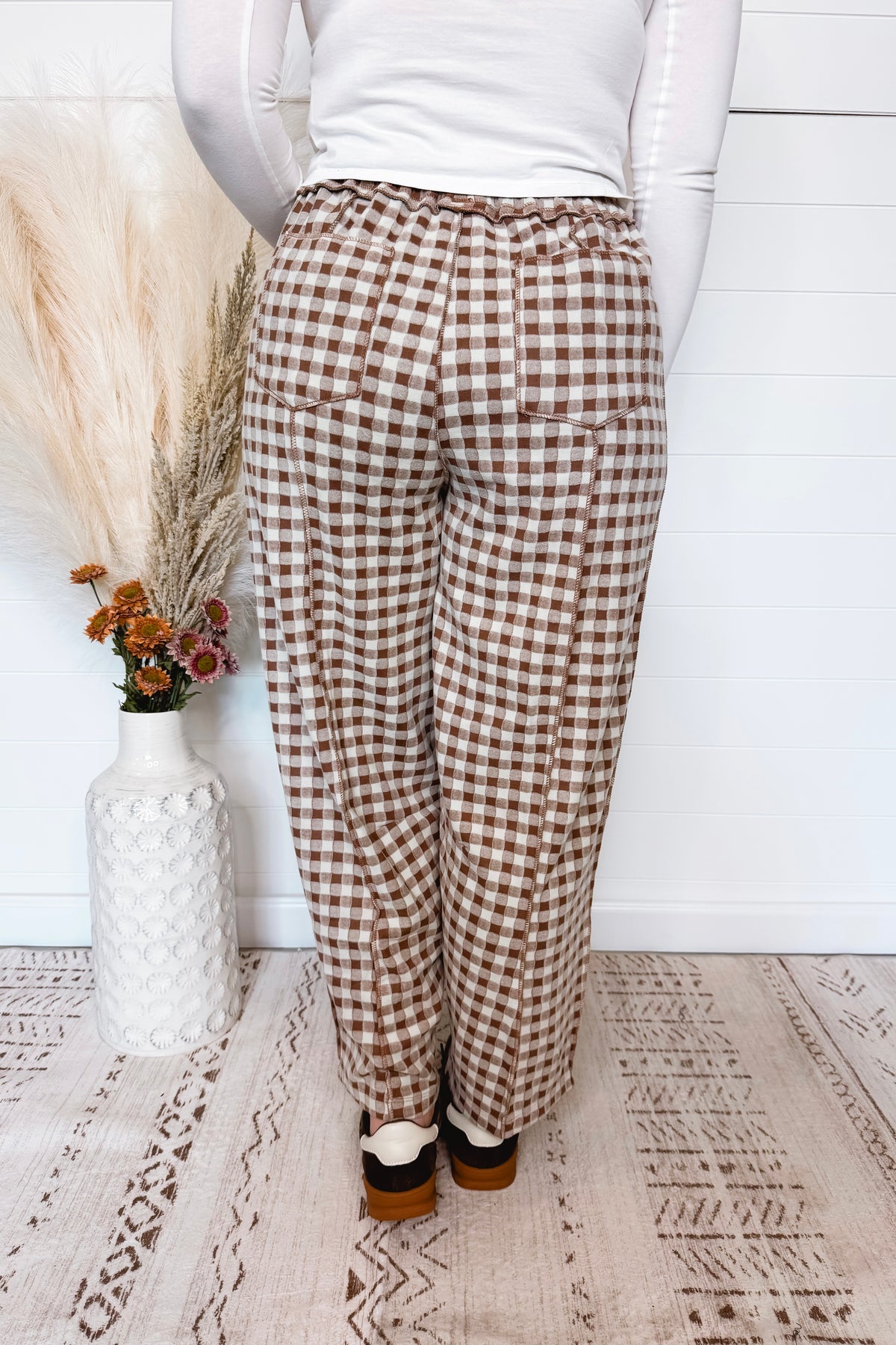 Chic Check Brushed Gingham Drawstring Pants - Mocha