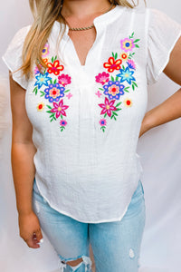 Floral Paradise Embroidered Split Neck Top - White