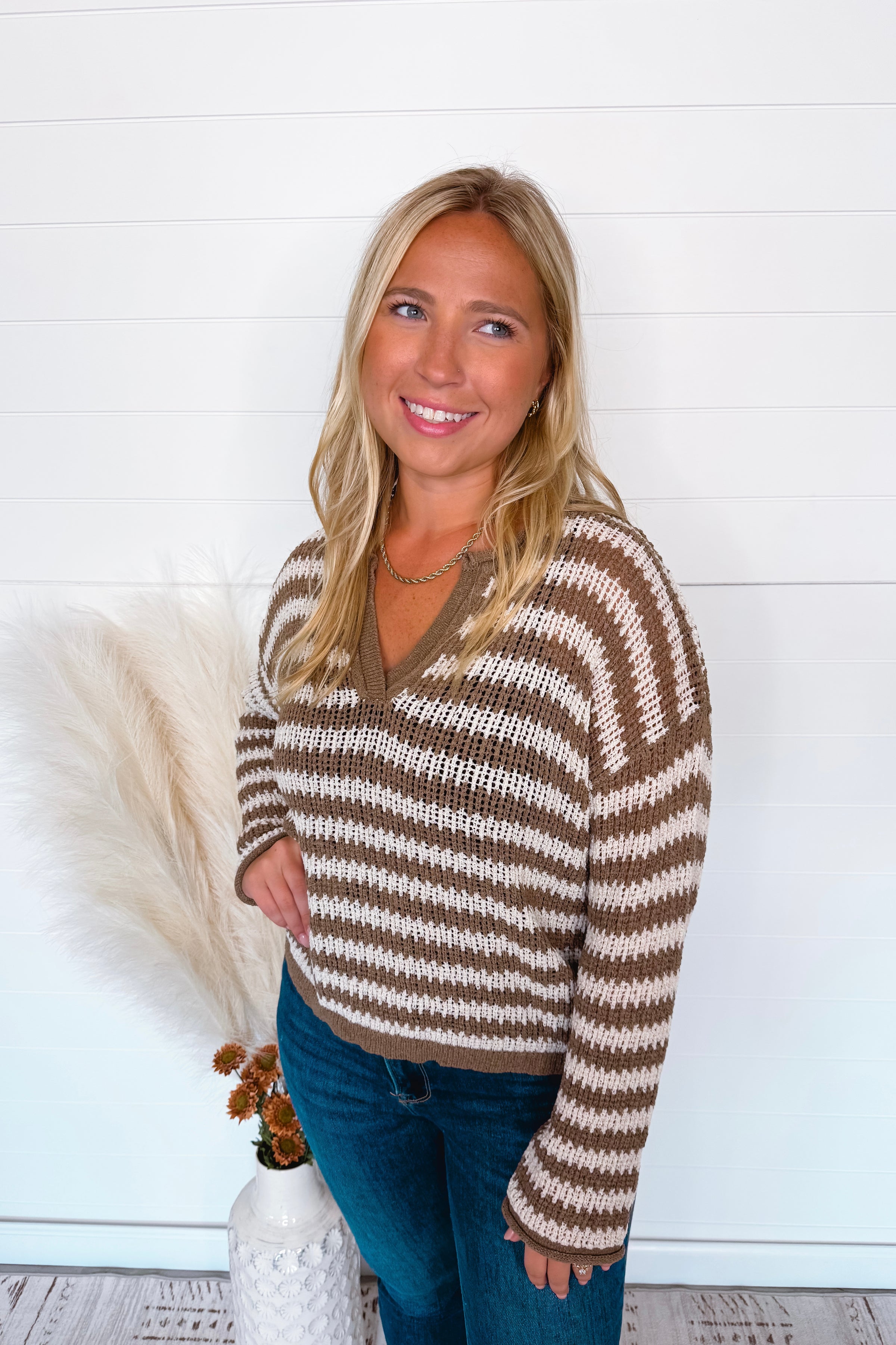 Road Trip Stripe Lightweight Sweater - Mocha/Ivory