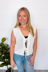 Cottage Charm Tie Front Crochet Vest - White