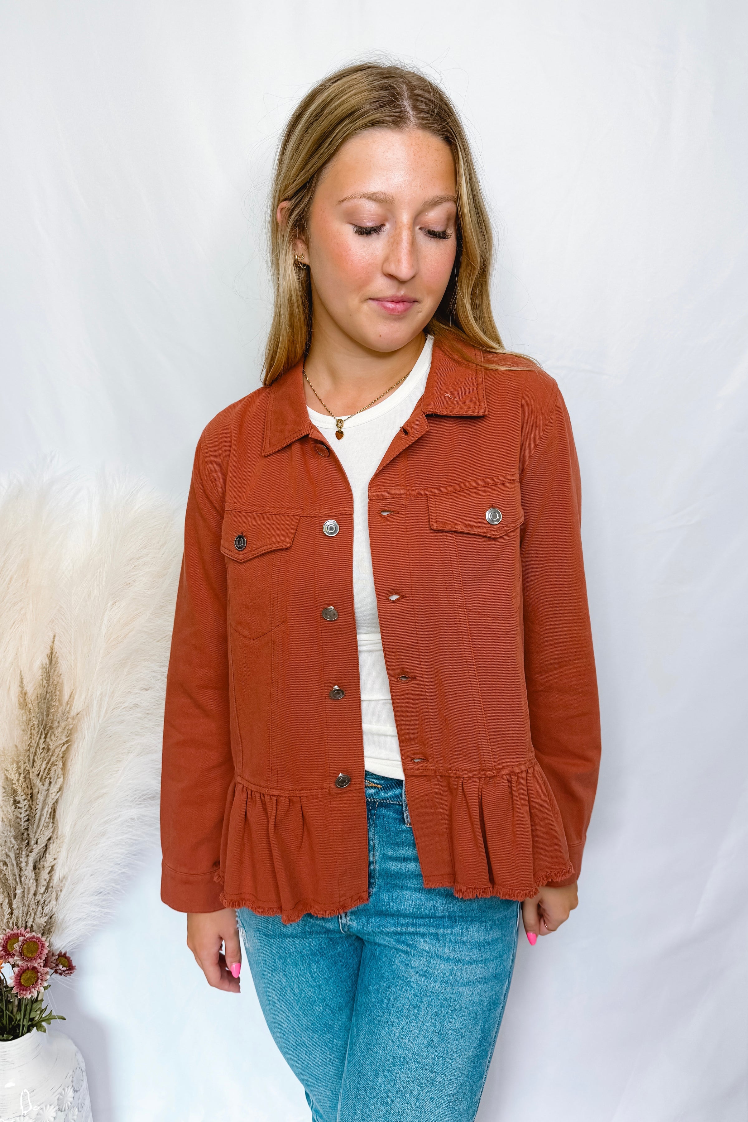 Feelin Good Ruffle Denim Jacket - Rust