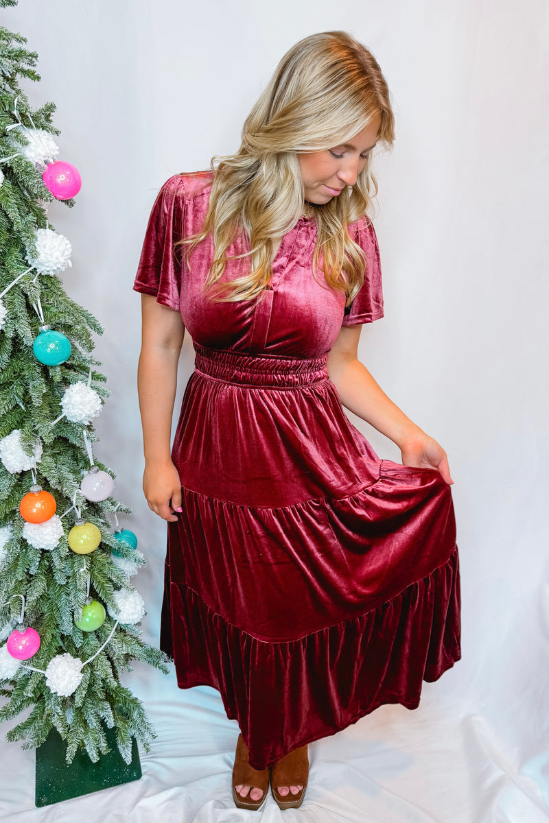 Feeling Fancy Velvet Tiered Midi Dress - Rosewood