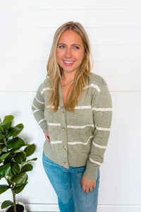 Everyday Striped Lightweight Button Cardigan - Sage