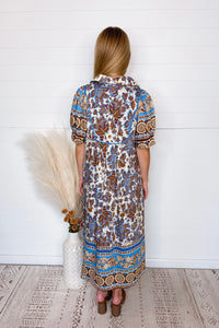Harvest Time Floral Midi Dress - Blue Multi