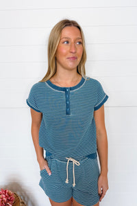 Casual Charm Striped Henley Top - Denim Blue