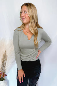 Courtney Notched V-Neck Long Sleeve Top - Light Olive