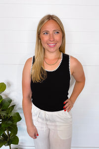 Macy Embroidered Trim Knit Tank - Black