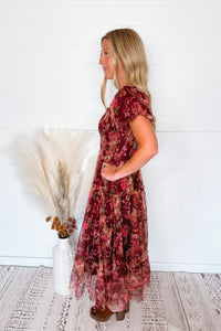 Phoebe Puff Sleeve Tulle Midi Dress - Burgundy Multi