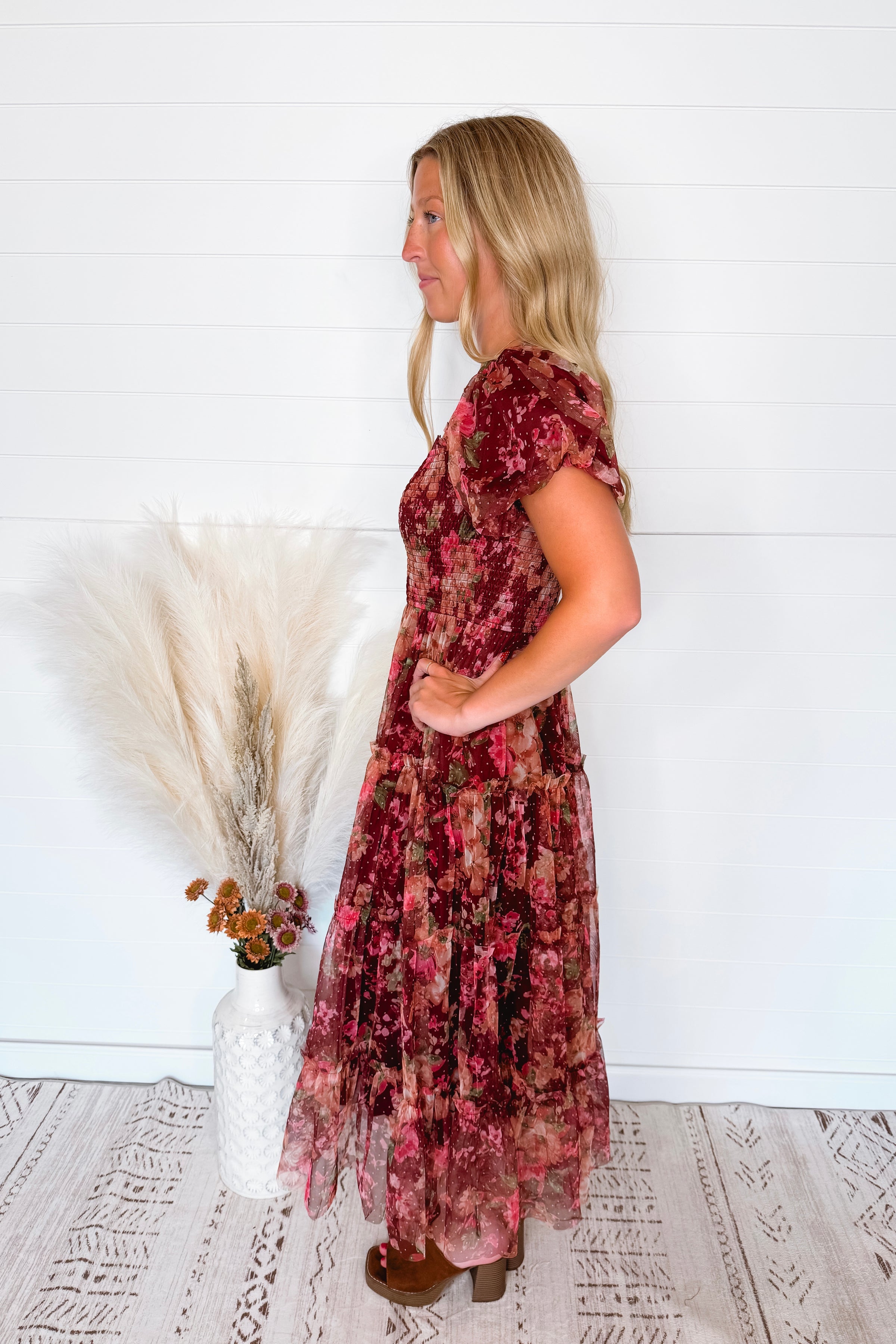 Phoebe Puff Sleeve Tulle Midi Dress - Burgundy Multi