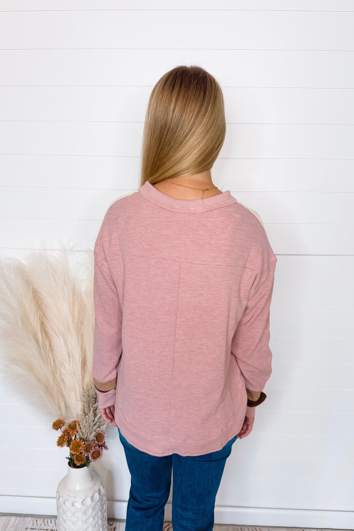 Fall Days Textured Long Sleeve Top - Pink/Cream
