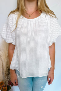 French Market Gingham Bubble Sleeve Top - White