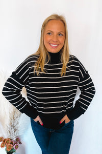 Winter Chill Mock Neck Striped Sweater - Black