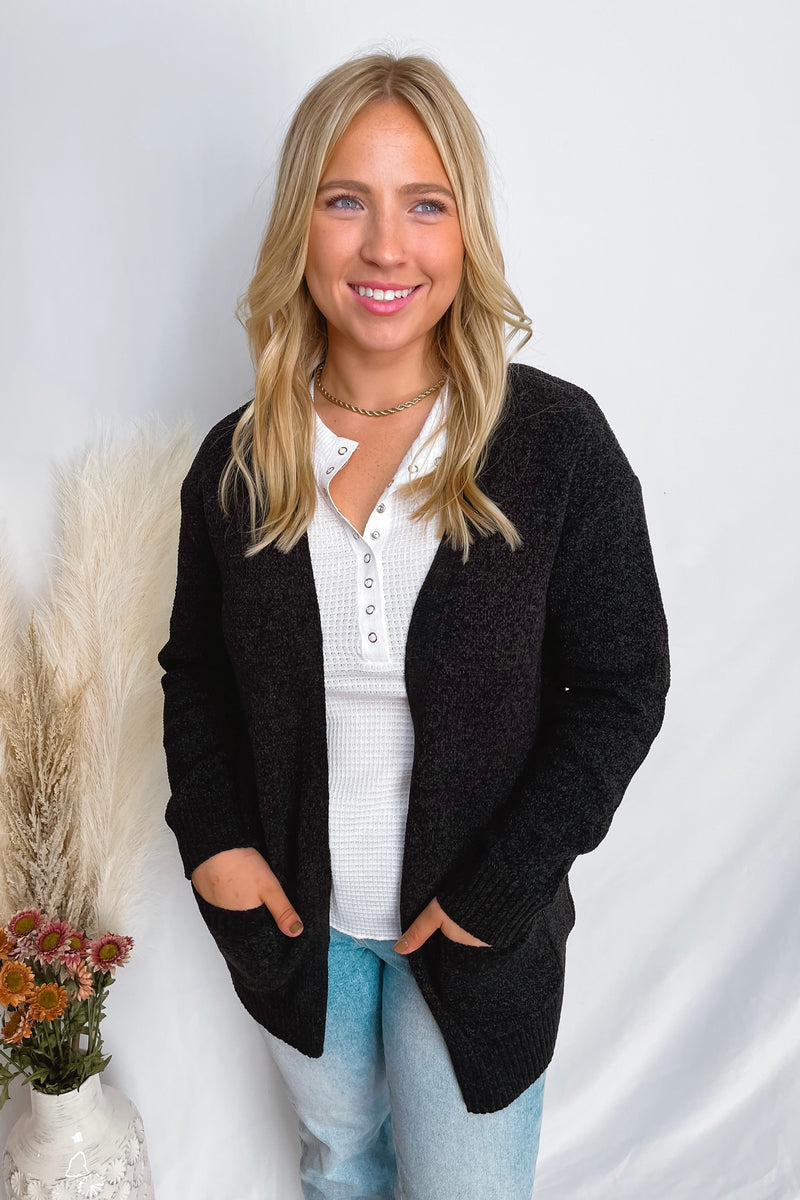 Keeping Cozy Chenille Knit Cardigan - Black