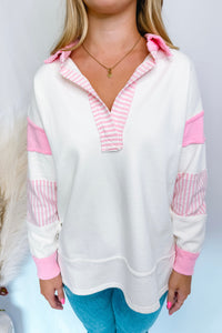 Count On Me Oversized V-Neck Pullover - Ivory/Pink