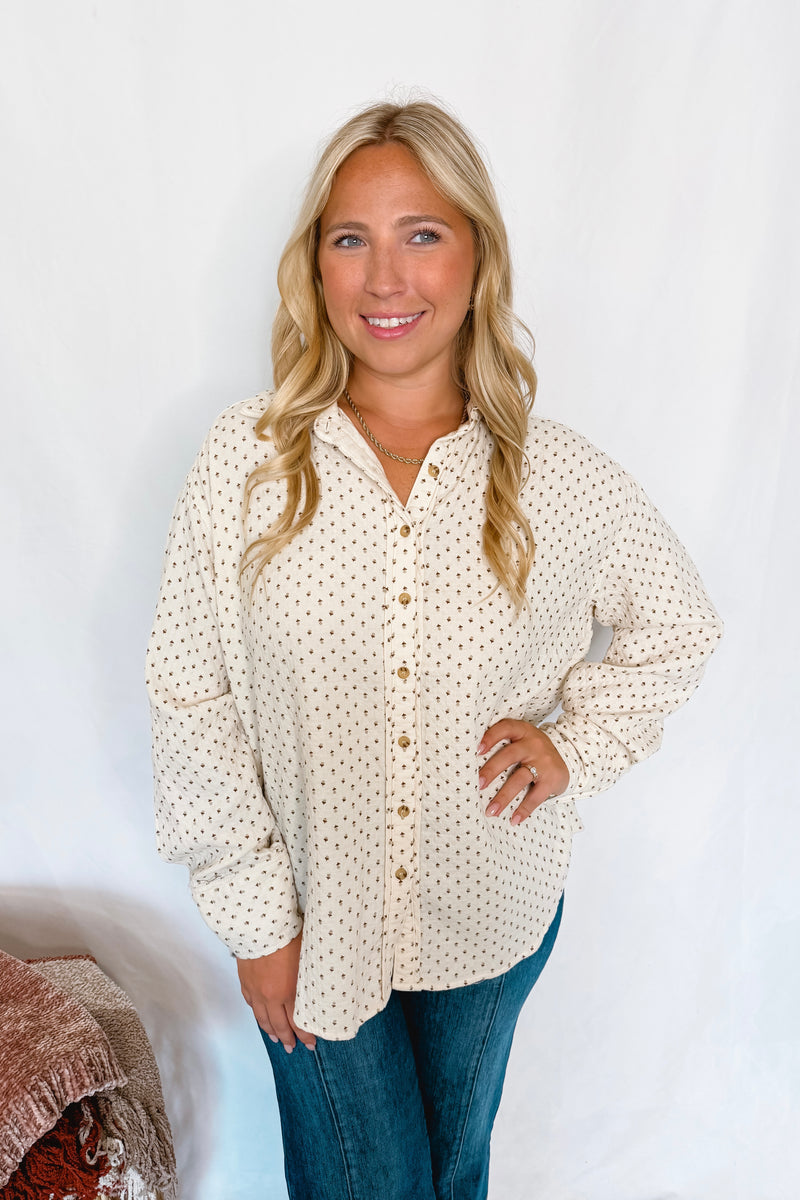 First Pick Floral Button Down Top - Natural