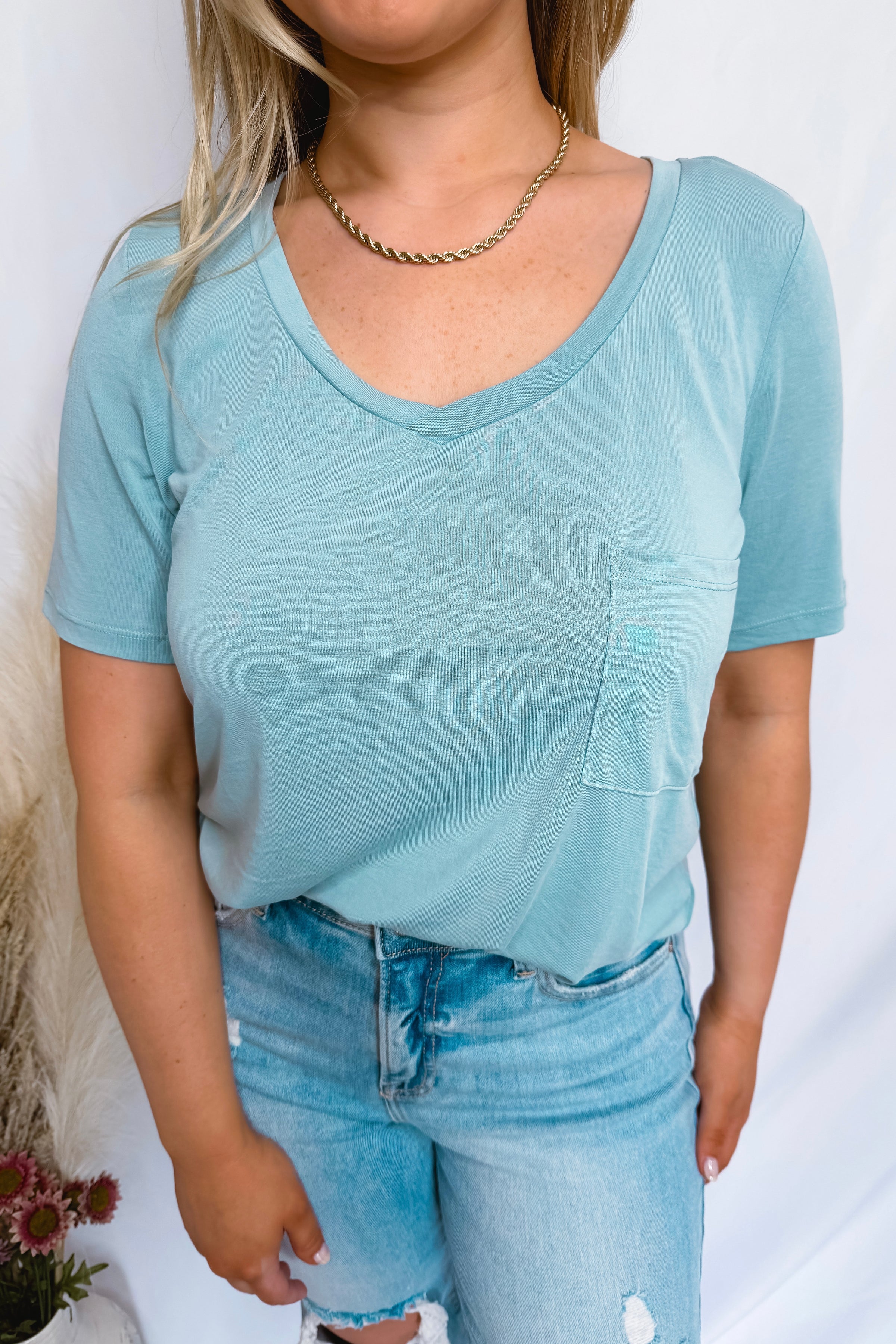 Megan V-Neck Pocket Tee - Blue