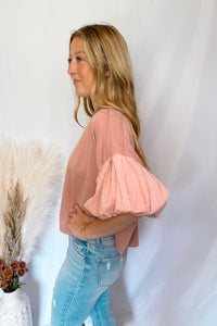 Blushing Babe Contrast Bubble Sleeve Top - Blush