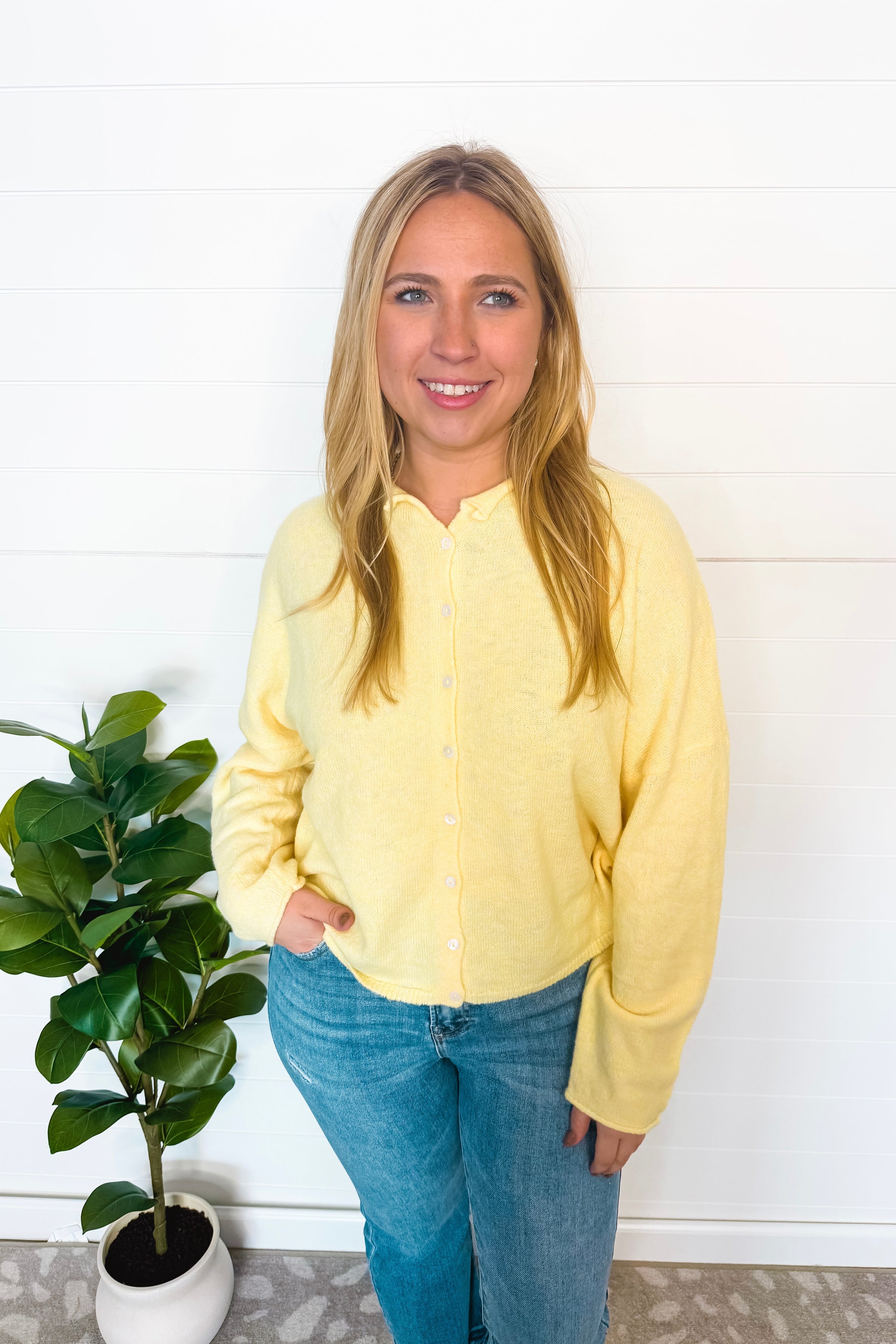 Sweet Breeze Lightweight Button Sweater - Butter Yellow