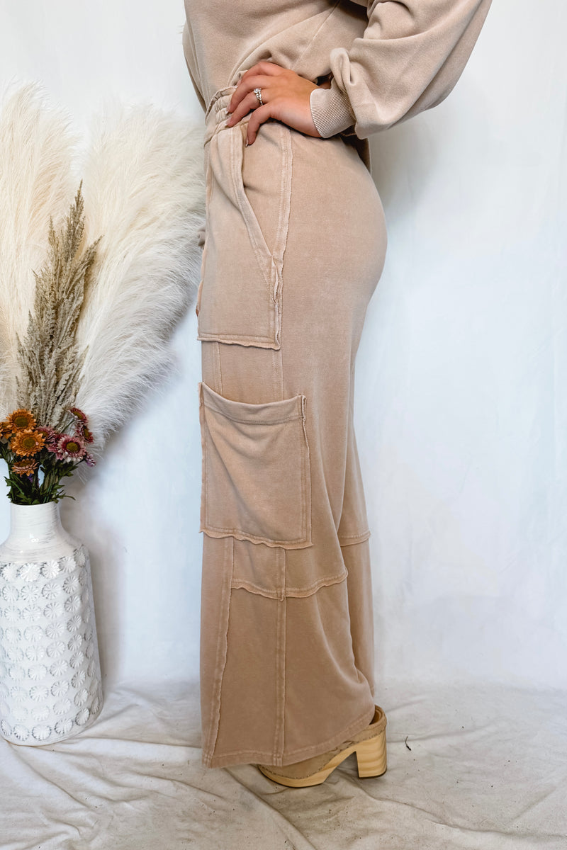 Crisp Leaves Wide Leg Mineral Washed Pants - Taupe