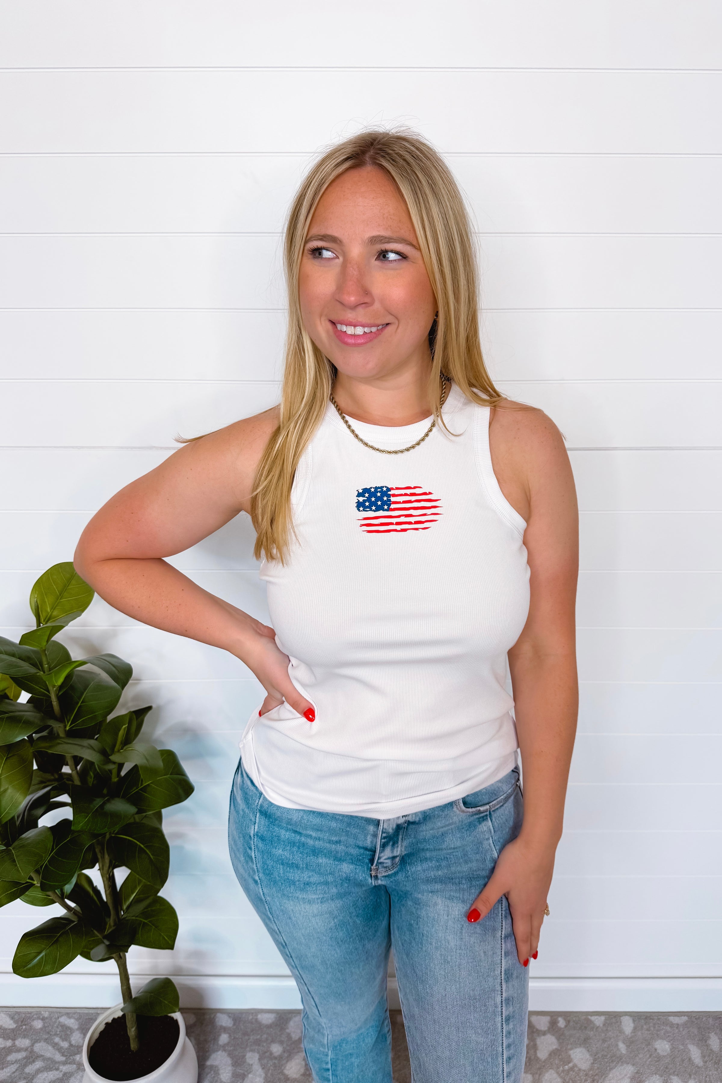 Distressed Flag Racerback Graphic Tank - White