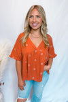 Daisy Smiles Embroidered Ruffle Babydoll Top - Rust