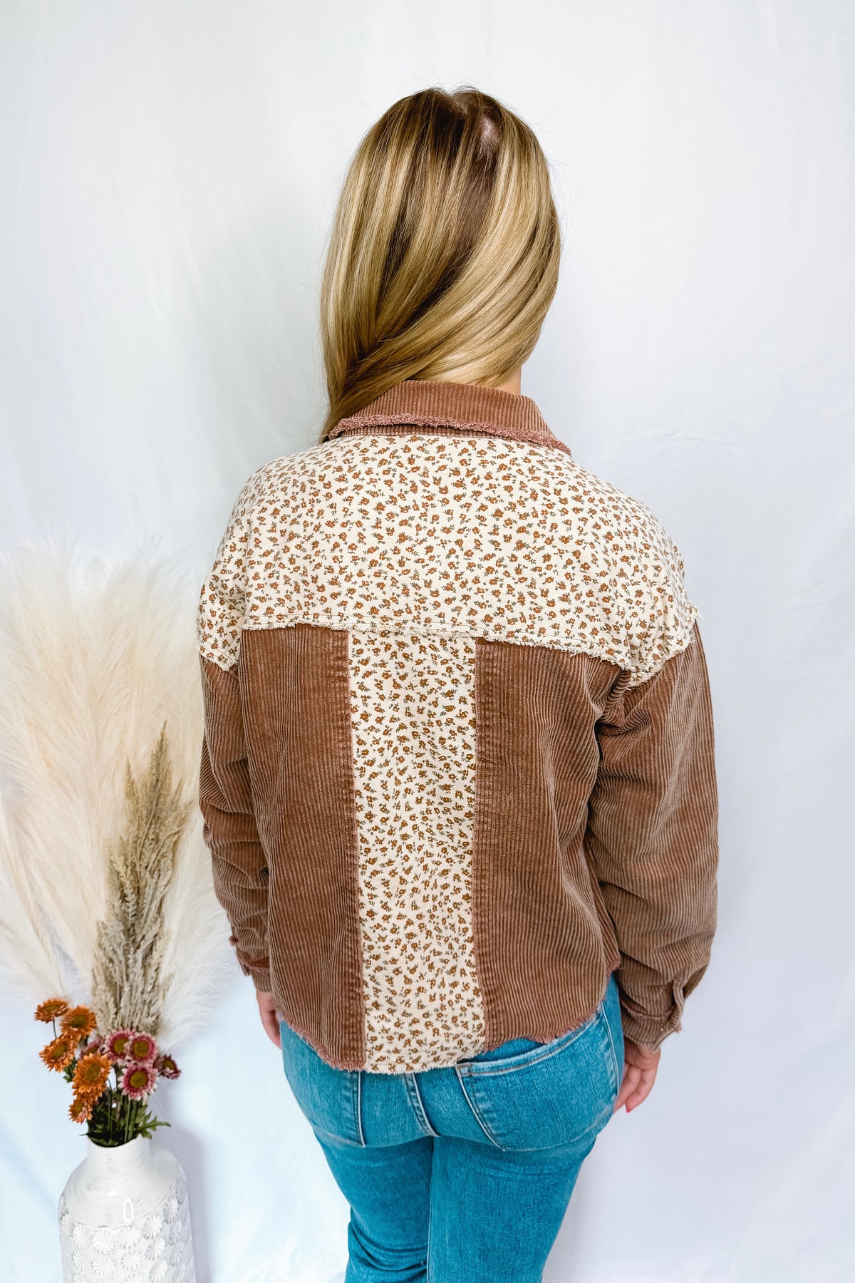 Bonfire Party Flower Contrast Corduroy Shacket - Brown