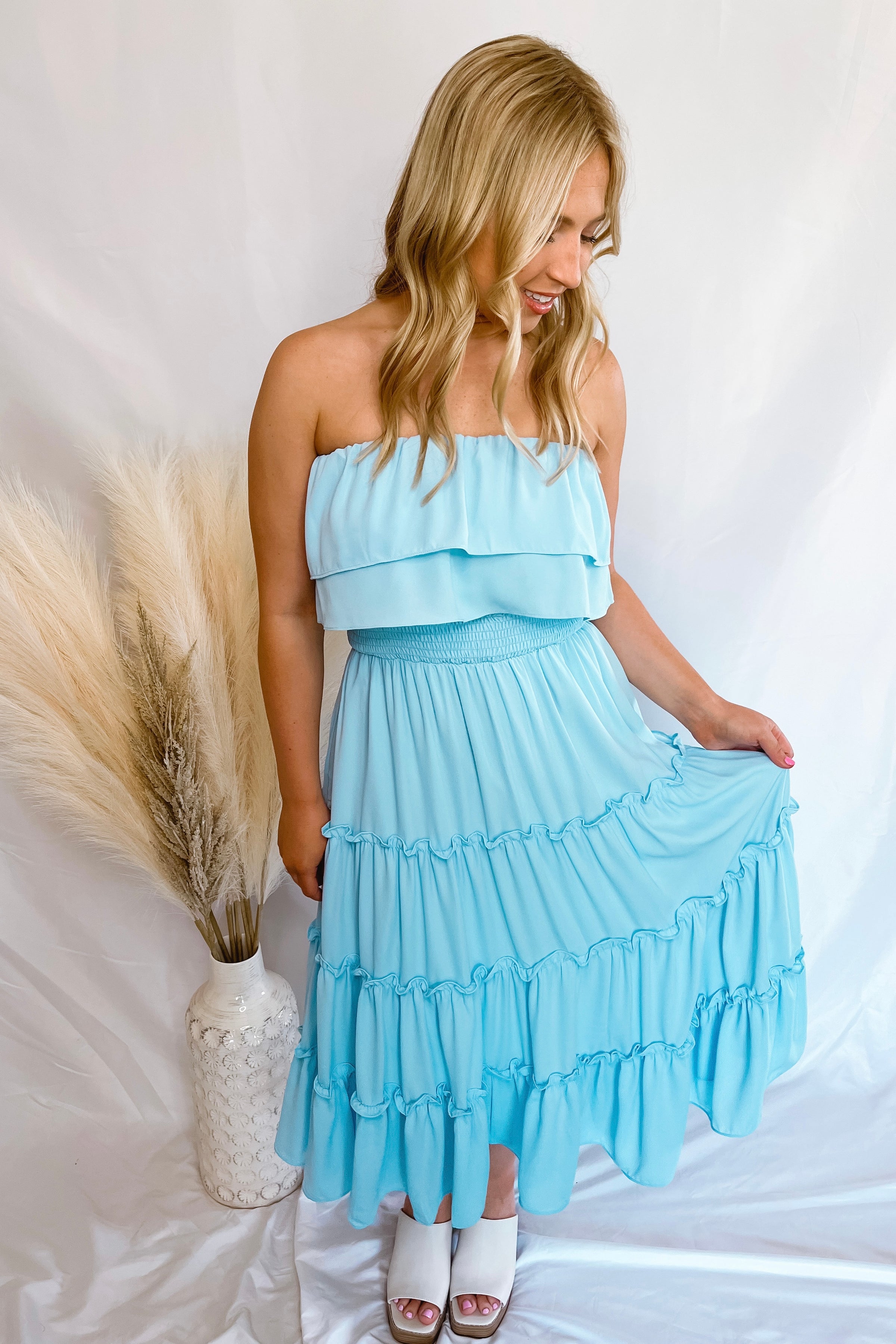 Blue Skies Baby Blue Strapless Maxi Dress