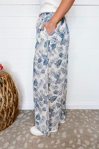 Summer Days Tropical Palm Leaf Wide Leg Pants - Blue/Ivory