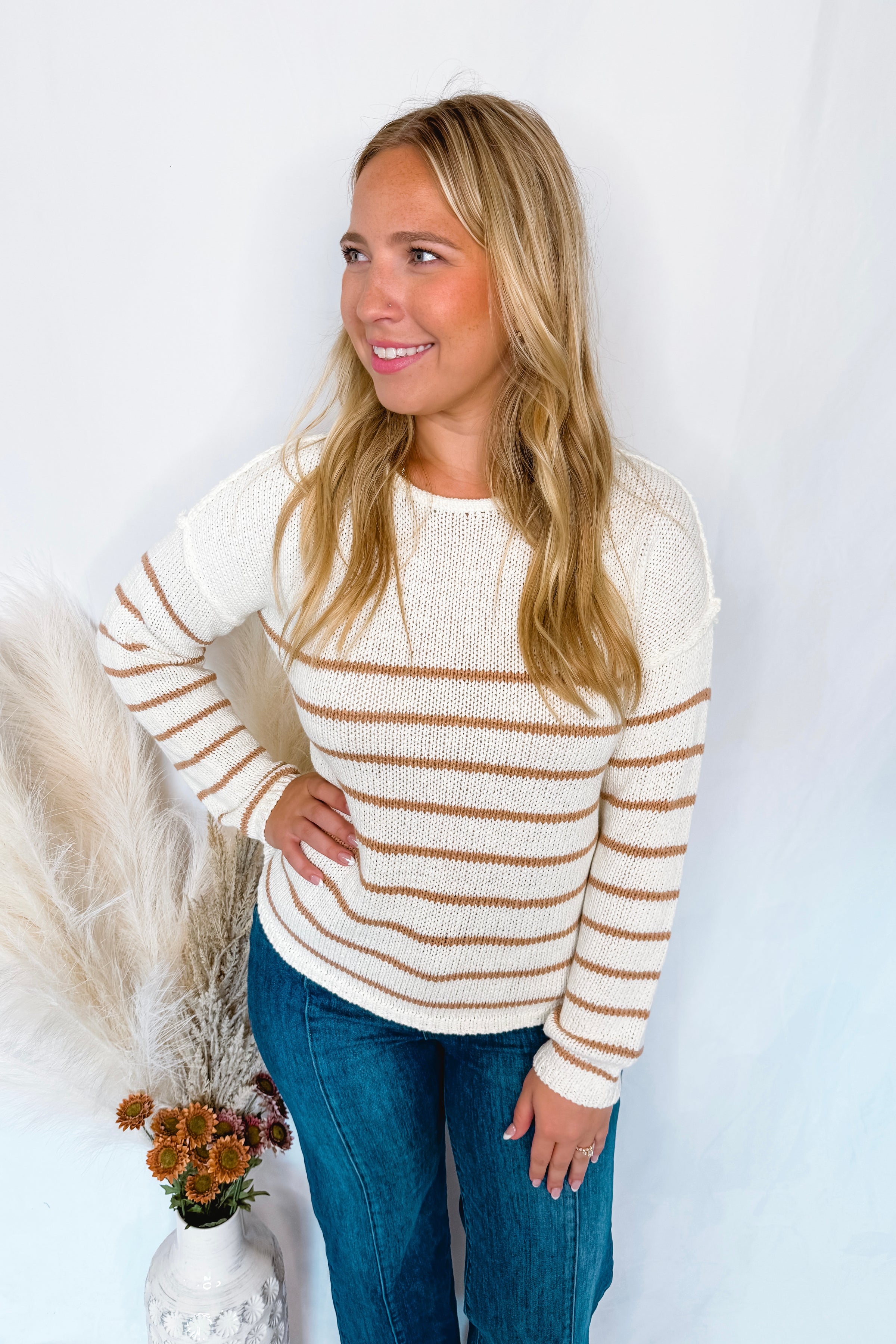 Breezy Mornings Striped Crew Neck Sweater - Ivory/Taupe