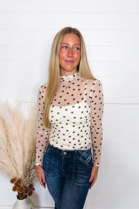 Frankie Mesh Mock Neck Polka Dot Top - Ivory/Brown