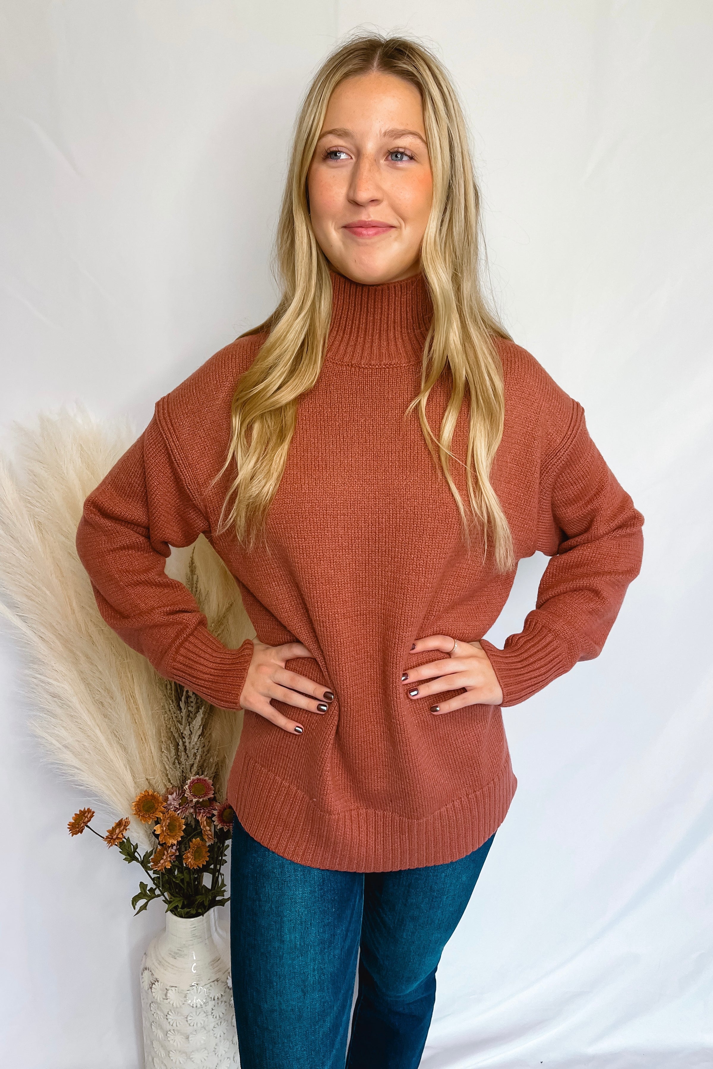 Most Cozy Mock Neck Sweater - Cinnamon