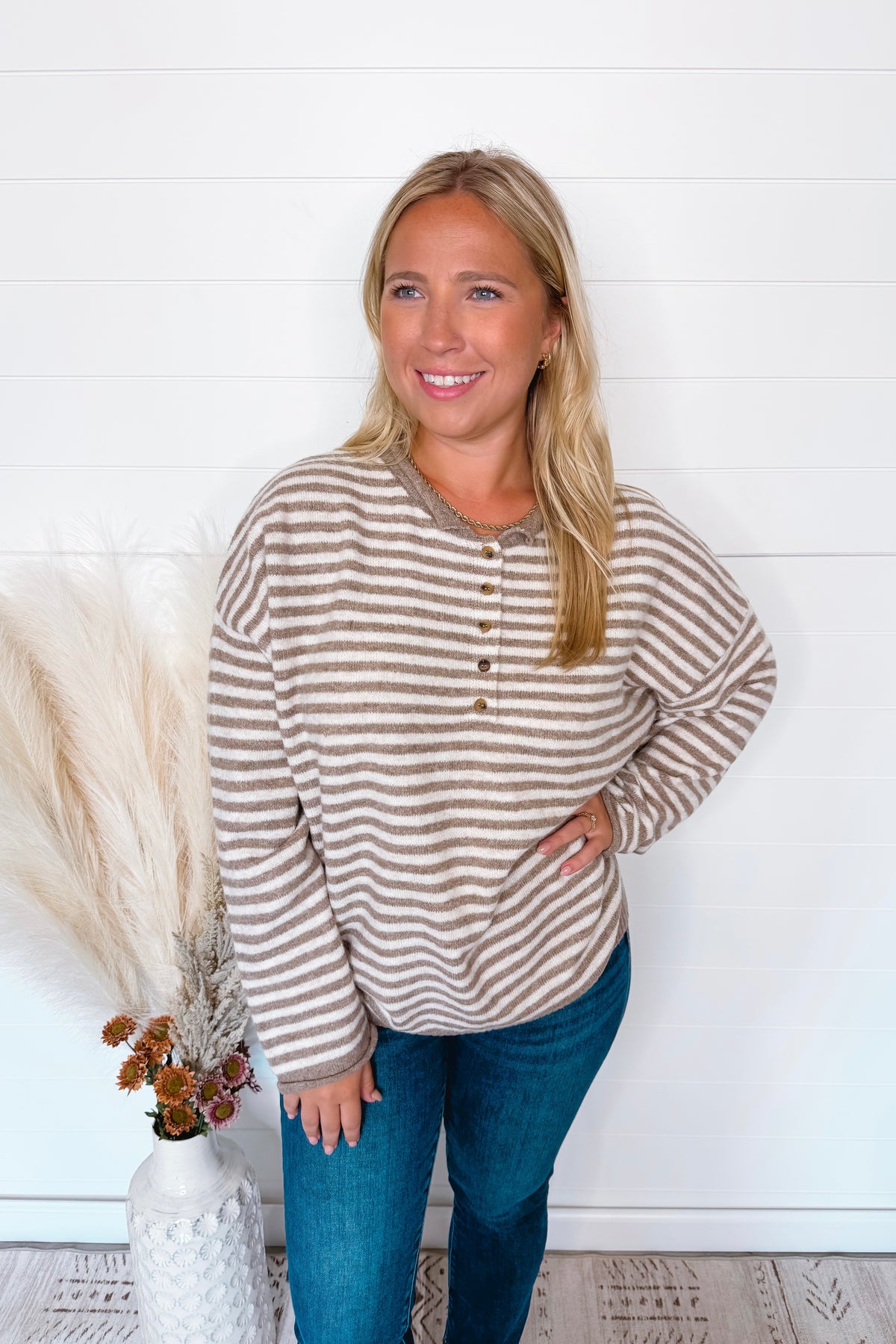 Astrid Lightweight Striped Henley Sweater - Tan/Ivory
