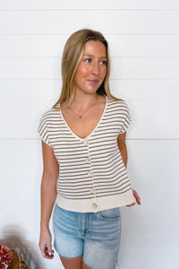 Bright Start Button Down Knit Top - Cream/Tan