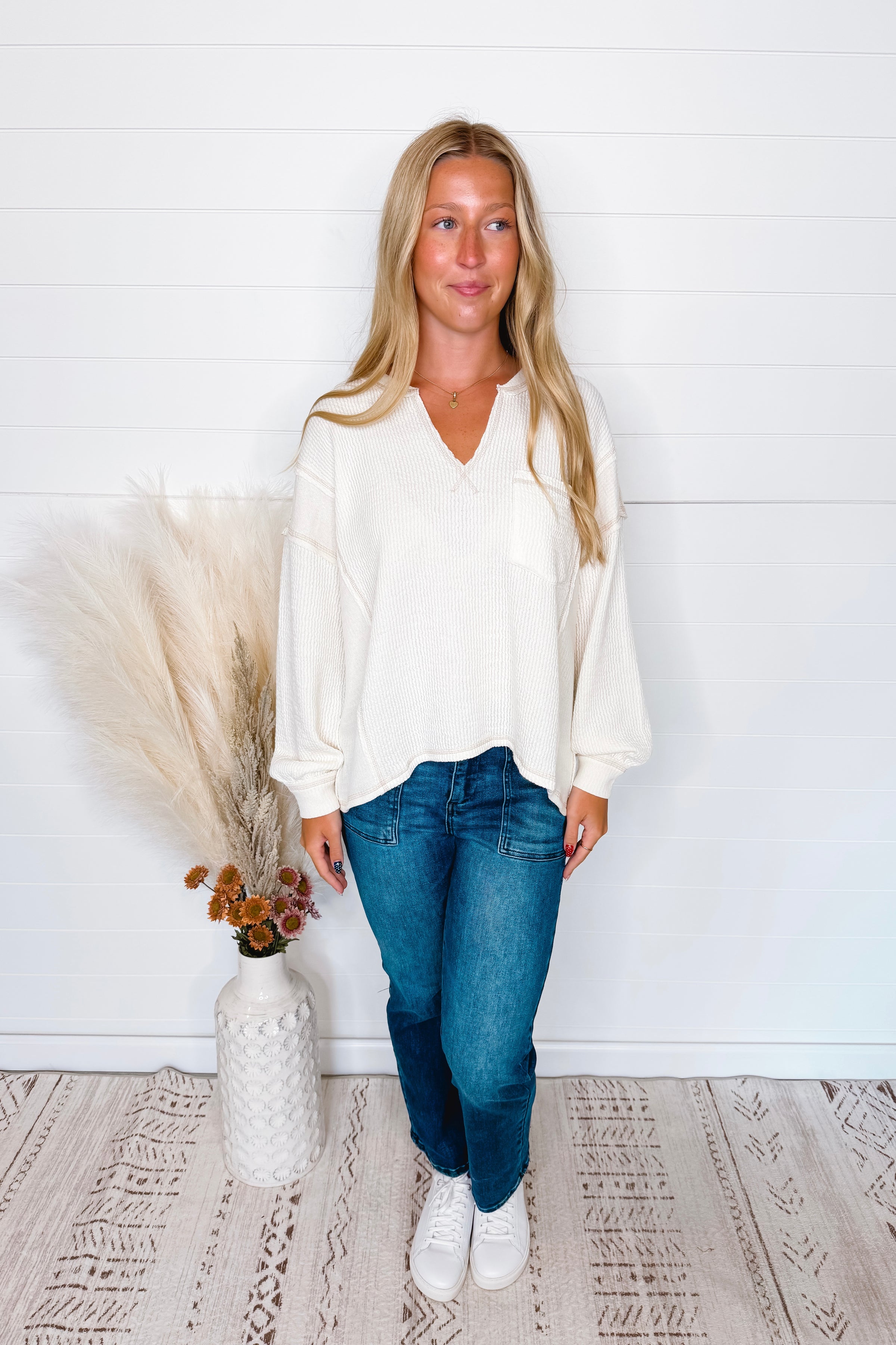 Simple Moments Raw Edge Ribbed Top - Ivory