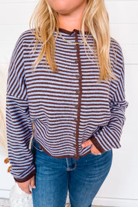 Gwen Lightweight Striped Button Sweater - Blue/Brown