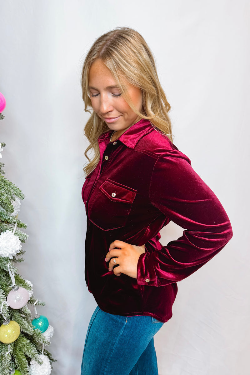 Sweet Shimmer Velvet Button Down Top - Burgundy