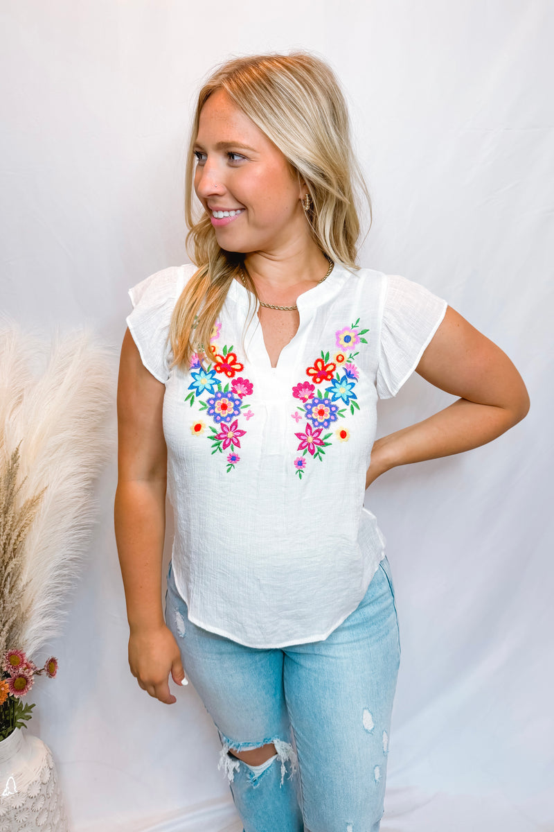 Floral Paradise Embroidered Split Neck Top - White