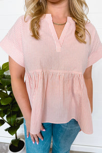 Annie Striped Split Neck Peplum Top - Blush