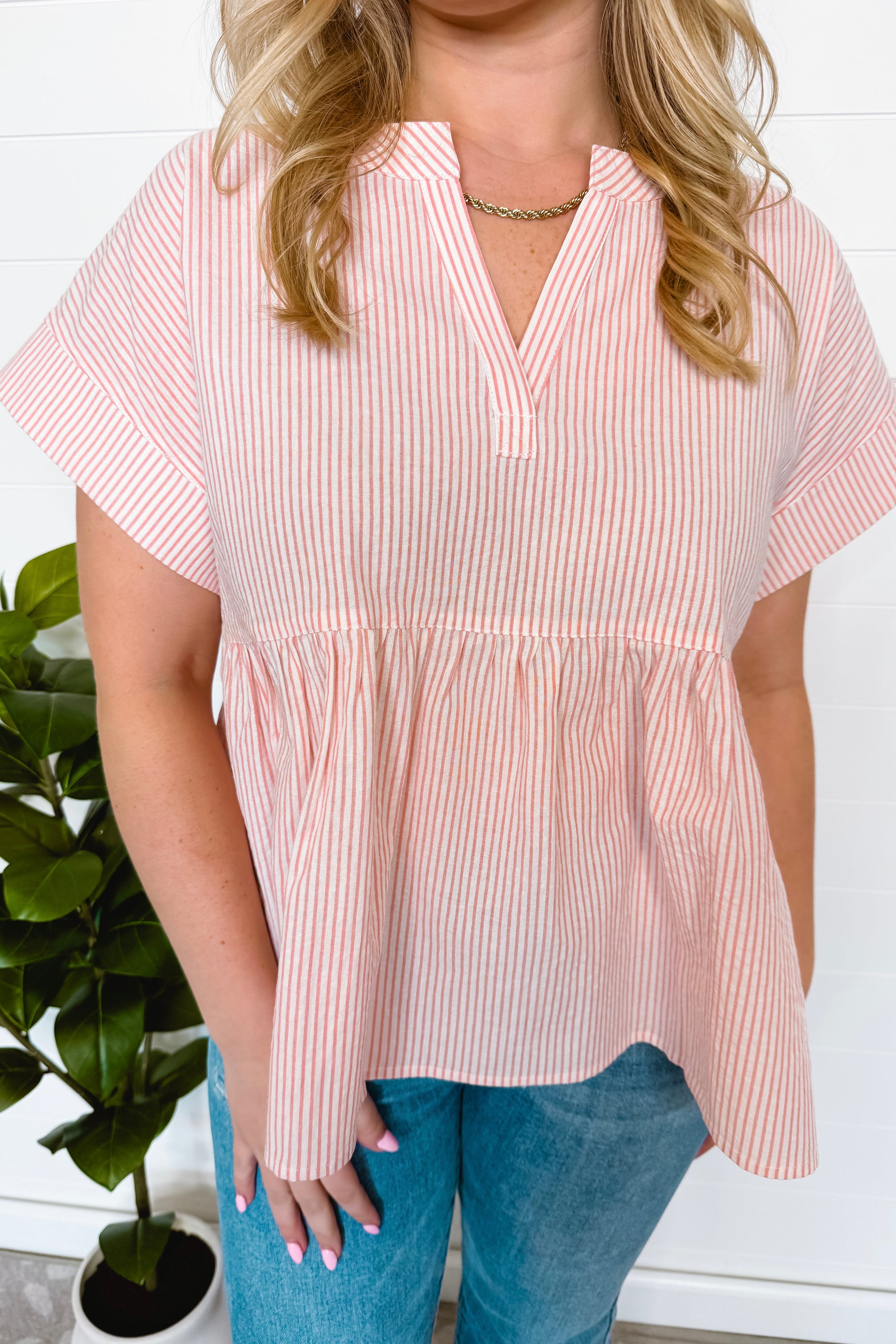 Annie Striped Split Neck Peplum Top - Blush