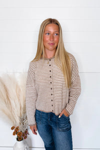 Gwen Lightweight Striped Button Sweater - Tan/Ivory