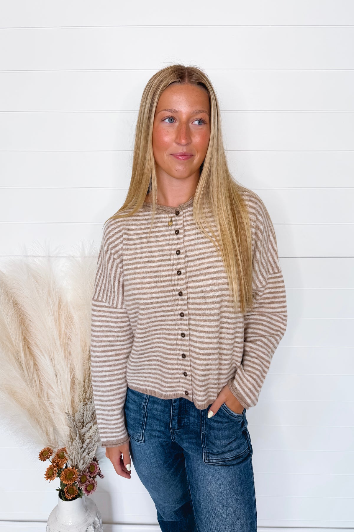 Gwen Lightweight Striped Button Sweater - Tan/Ivory