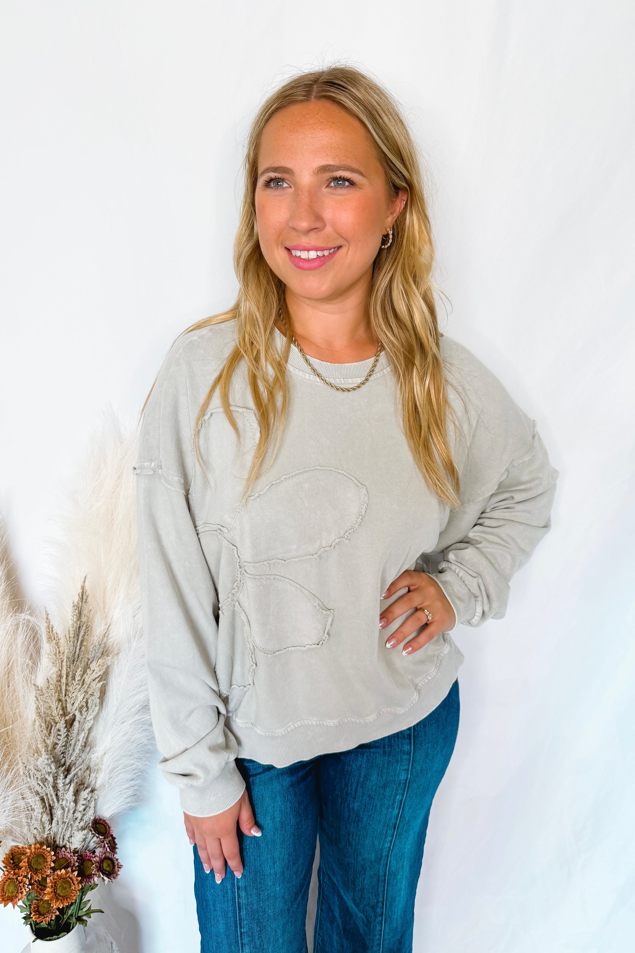 Frayed Flower Mineral Washed Crew Neck Top - Grey