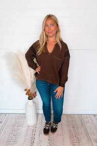 Simple Moments Raw Edge Ribbed Top - Brown