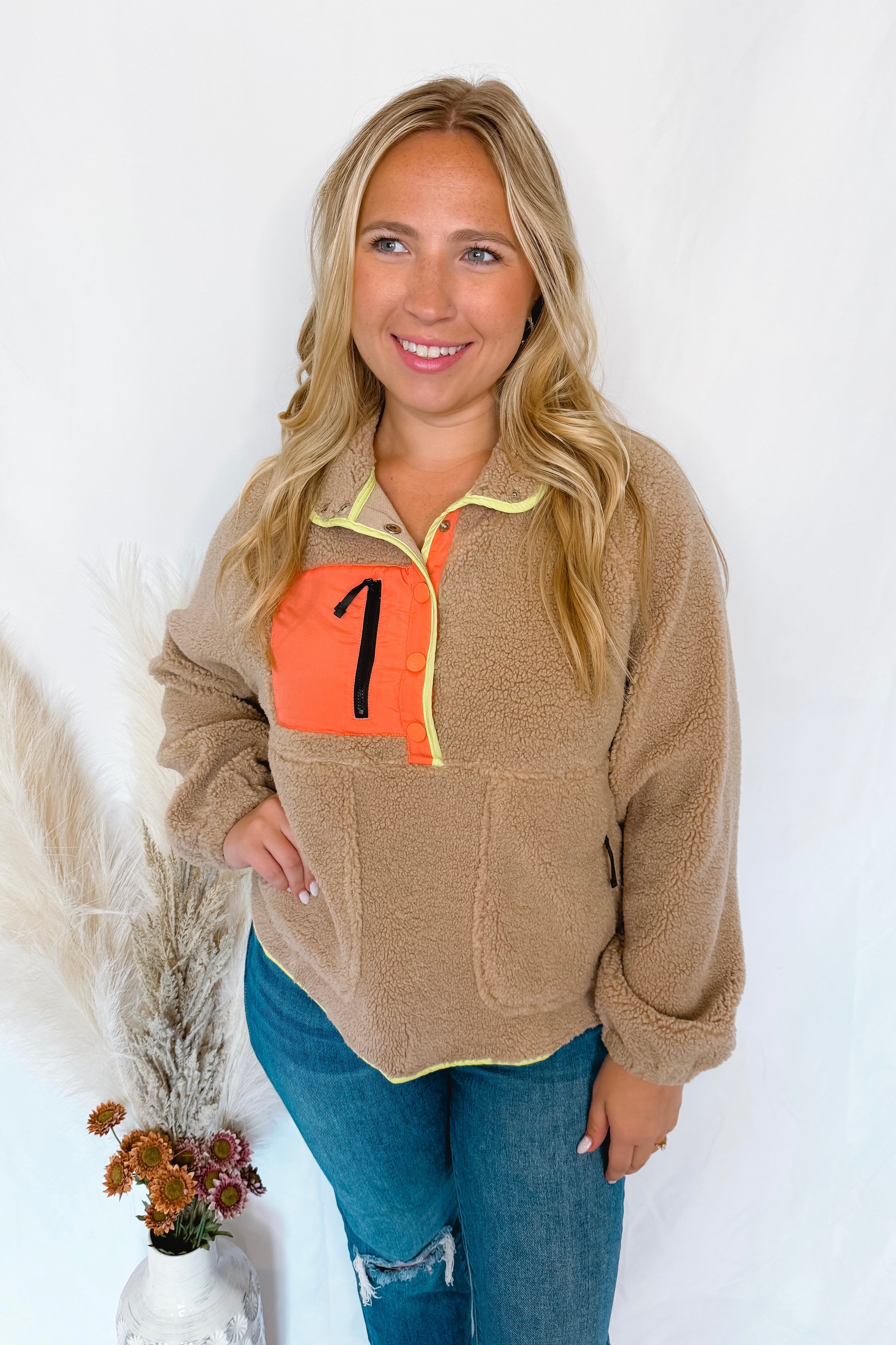 Toasty Nights Sherpa Colorblock Pullover - Tan